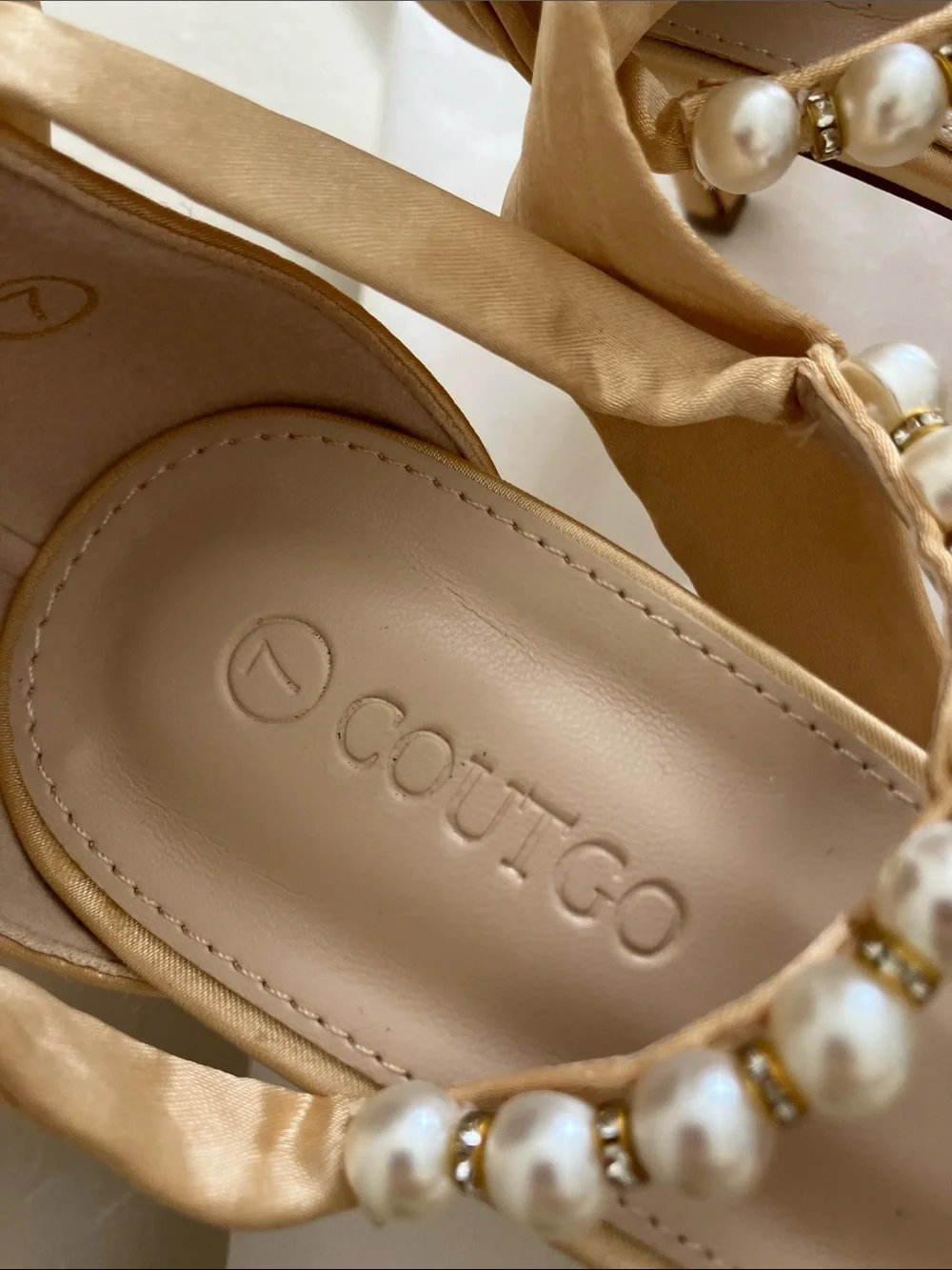 Pearl-T Satin Ankle Tie Pumps in Champagne